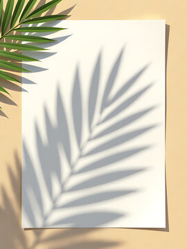 serene view single palm frond casting vibrant green shadow warm sandy beige set minimalist white copyspace