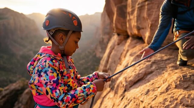 Ni&ntilde;a descendiendo por una pared rocosa con cuerda de escalada bajo la supervisi&oacute;n de un adulto al atardecer.