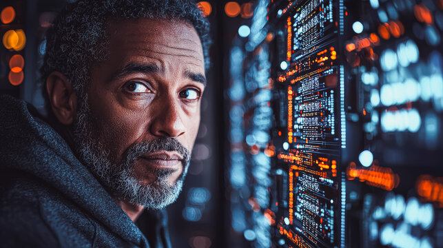 African man in a gray hoodie standing in a server room. Concept of information leak, insider threat and cybersecurity breach. - Powered by Adobe