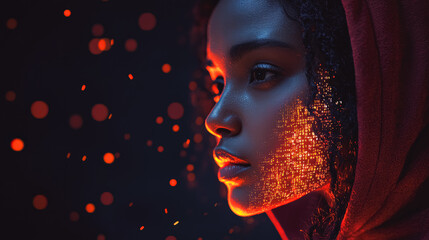 Young womans face partially illuminated with glowing binary code. Concept of digital identity, cyber connection and human integration with technology.