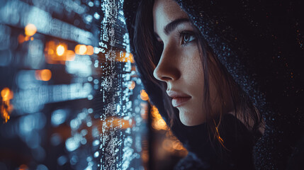 Girl in a hood standing in front of a glowing database background. Concept of cybersecurity, encryption, data protection and digital privacy.