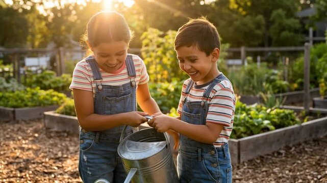 Ni&ntilde;os regando juntos un huerto urbano con regadera durante una tarde soleada.