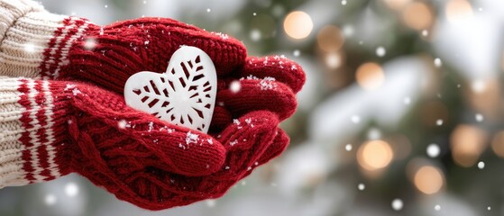 Fototapeta premium Red knitted gloves hold a white heart-shaped snowflake in a snowy landscape for a Valentines Day concept