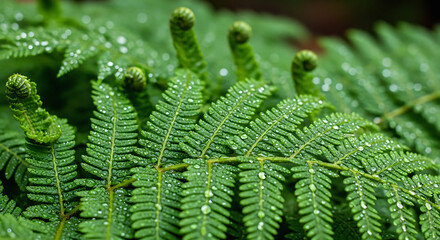 Closeup of vibrant green fern leaves with water droplets and emerging fronds nature