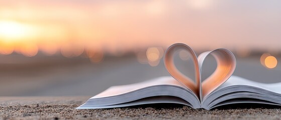 Close-up of an open book with heart-shaped pages resting on the beach during sunset with soft light in the background