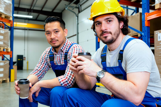 Portrait of two young adult men, one Asian and one Caucasian, wearing work overalls and holding disposable coffee cups, sitting together in warehouse during break, looking at camera - Powered by Adobe