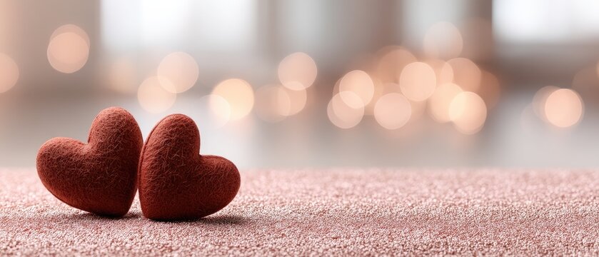 Romantic banner template featuring two red hearts on pink glitter background with bokeh lights for Valentine's Day - Powered by Adobe