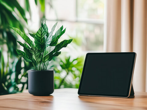 Plant next to a tablet on a wooden table symbolizing green business, sustainability and remote work culture. Minimal eco workspace with text space. - Powered by Adobe