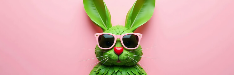 serene bunny gentle face crafted lush green leaves gazes directly viewer wearing trendy shades bright red heart amidst