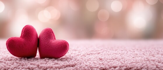 Two red hearts on a pink glitter background with blurred bokeh lights for a Valentine's Day banner template
