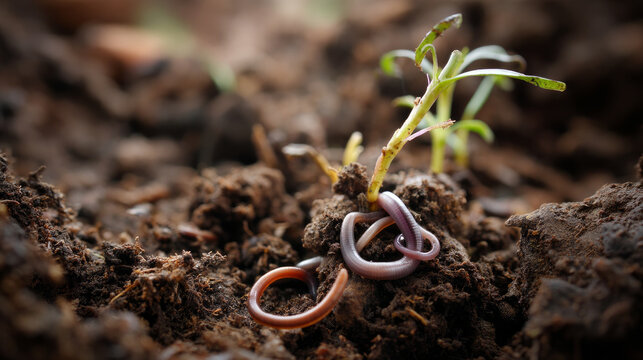 Red earthworm on organic soil, humus, compost. Vermicomposting, vermiculture, homemade worm composting. Kitchen and garden waste leftovers to nutrient-rich fertilizer. Close up.