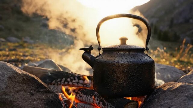 Steaming kettle boiling water on campfire stones in morning sunlight