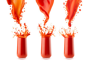 Stream of fresh red tomato juice pouring into glass with dynamic splashes, flying drops, isolated. Set of three glasses. Healthy organic drink for detox diet menu, fitness cuisine, card, poster.
