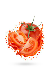 Delicious ripe red tomato slices, droplets, flows of fresh tomato juice float in mid-air as motion swirl, closeup, isolated. Excellent for design menu, vitamin food, juice label, poster, advertising.