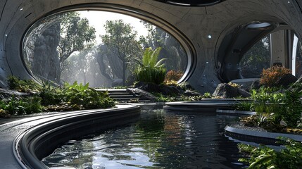 Futuristic indoor garden with pond and large oval window overlooking lush greenery.