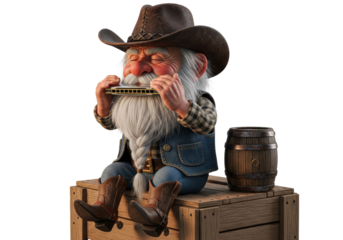 a hyper-realistic macro close-up of a charming aged country gnome musician wearing a cowboy hat and denim, playing a brass harmonica on a wooden crate against white. concept of folk music whimsy