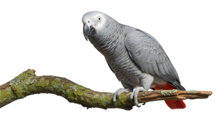 African Grey Parrot Perched on a Branch, isolated on white or transparent background. PNG