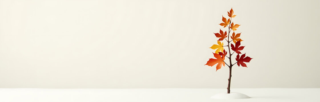 minimalist winter scene slender branch forming base unconventional christmas tree adorned vibrant fall leaves