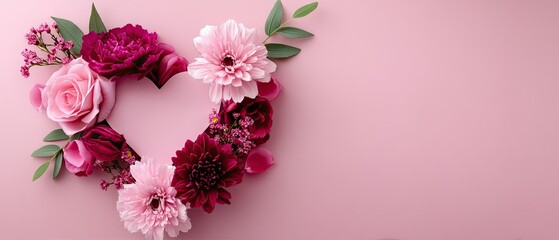 Valentines day card design with heart shape frame made of flowers on pink background showing copy space for text