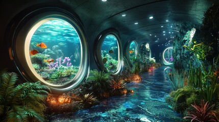 Underwater Tunnel with Portholes Offering Views of Marine Life.