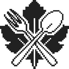 Fototapeta premium Leaf with crossed fork and spoon pixel icon, minimalist digital culinary emblem for eco friendly restaurant, food app or cafe logo