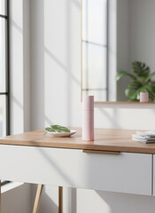 Minimalist Vanity Scene: A modern vanity scene featuring an elegant pink perfume bottle on a wooden table, alongside a small plant, exuding simplicity and calm. 