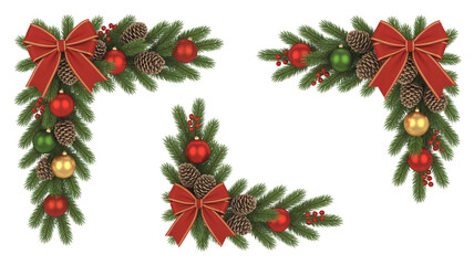 Three christmas wreaths with red bows and ornaments on white background