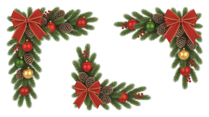 Three christmas wreaths with red bows and ornaments on white background