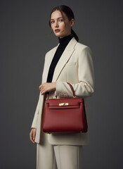 Elegant accessory and poised woman: A woman with poise holds a fashionable bag, a picture of refined style and sophisticated elegance. 