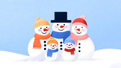 Winter Family: A heartwarming illustration of a snowman family, bundled up in cozy scarves and hats against a snowy backdrop, evoking the warmth of winter.