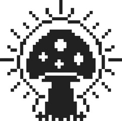 Fototapeta premium Retro pixel mushroom icon with glowing outline minimalist black and white 8 bit gaming symbol, nostalgic digital fantasy graphic design