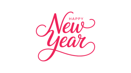 Happy new year greeting in pink cursive script on white background