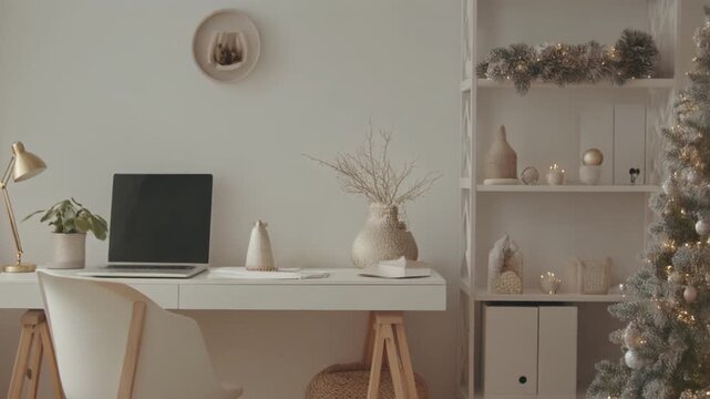 A serene workspace with a laptop, vases, and a Christmas tree, viewed from the side in a minimalist home office setting