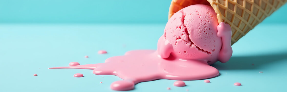 drippy cone vibrant pink ice cream melts soft pastel blue surface creamy texture colorful splatter filling frame