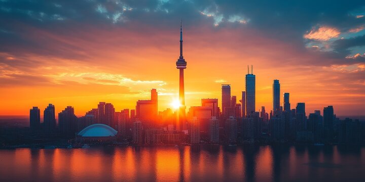 Toronto skyline reflecting on lake ontario at sunset with cn tower and rogers centre