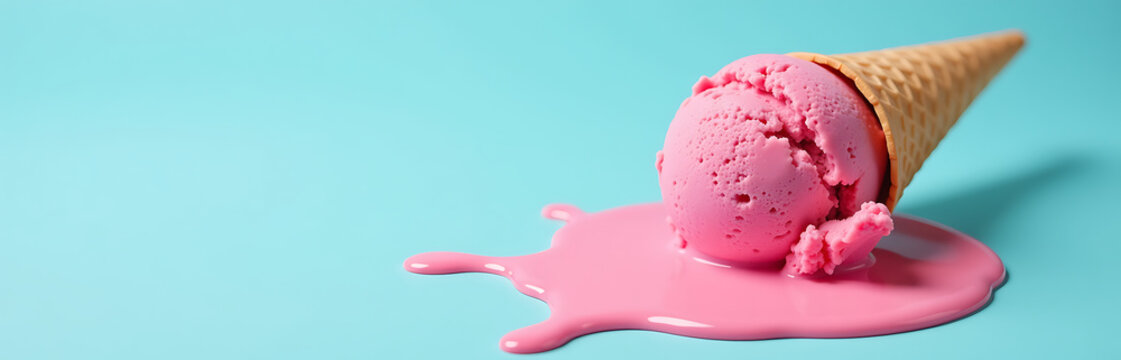 drippy cone vibrant pink ice cream melts soft pastel blue surface creamy texture colorful splatter filling frame
