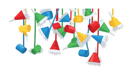 Party Streamers and Confetti: Festive streamers and confetti cascade down in a riot of color. Bright hues of red, blue, green, and yellow create a joyful atmosphere.