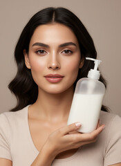 Beauty and Skincare: A portrait of a woman radiates natural beauty, tenderly cradling a sleek bottle of skincare product, showcasing the essence of radiant wellness.