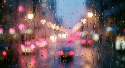 Rainy city street viewed through wet window with blurred colorful lights at night.