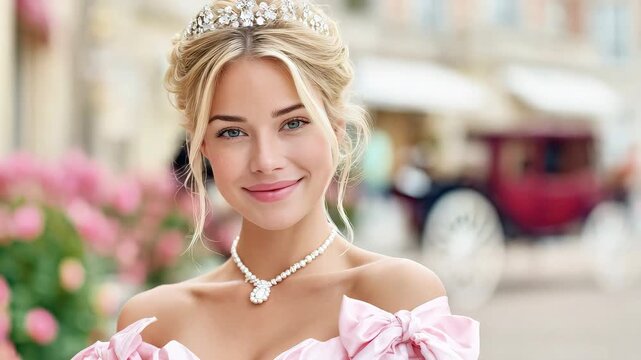 Young woman wearing tiara and pink dress smiling in floral setting  
