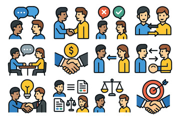 Fototapeta premium Diverse business communication icons depicting discussions and agreements.