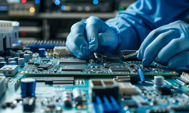 Close-up of hands in blue gloves fixing an electronic board, surrounded by various components and tools on the table.