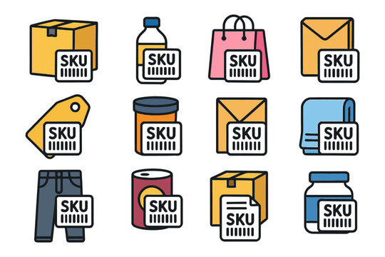Barcode labels on various retail products including clothing and beverages.