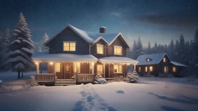 Snow-covered house with illuminated windows and porch, surrounded by snow-laden trees, in a serene winter landscape at dusk