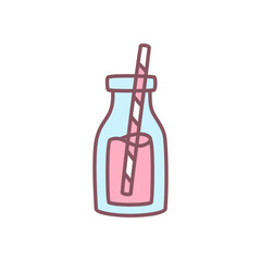 Cute juice bottle icon. Glass bottle with pink beverage and striped straw, refreshment element in soft tones. Kawaii sticker. Vector 10 EPS.
