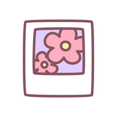 Cute polaroid icon. Mini instant photo showing floral motif, vintage-style snapshot in pastel palette. Kawaii sticker. Vector 10 EPS.