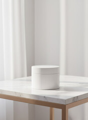 Ethereal White Cream Jar: A sleek, minimalist cream jar sits serenely upon a marble table, bathed in soft, natural light against a backdrop of delicate curtains.