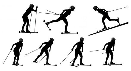 Naklejka premium Dynamic silhouettes showcasing various phases of cross country roller ski training session