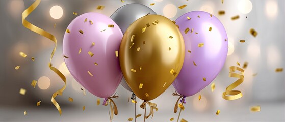 Colorful balloons for a birthday party with pastel pink, gold, and lavender colors on a grey bokeh background for celebration and decoration