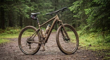 Fototapeta premium A muddy mountain bike rests on a wet forest path. Surrounded by trees, it?s covered in dirt